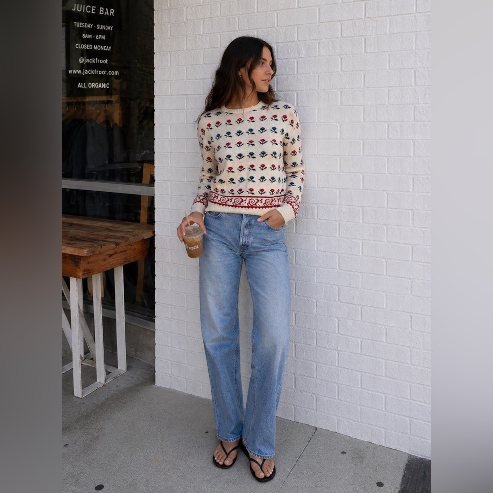 Vintage Floral Knit Sweater with Teal and Fuchsia Accents